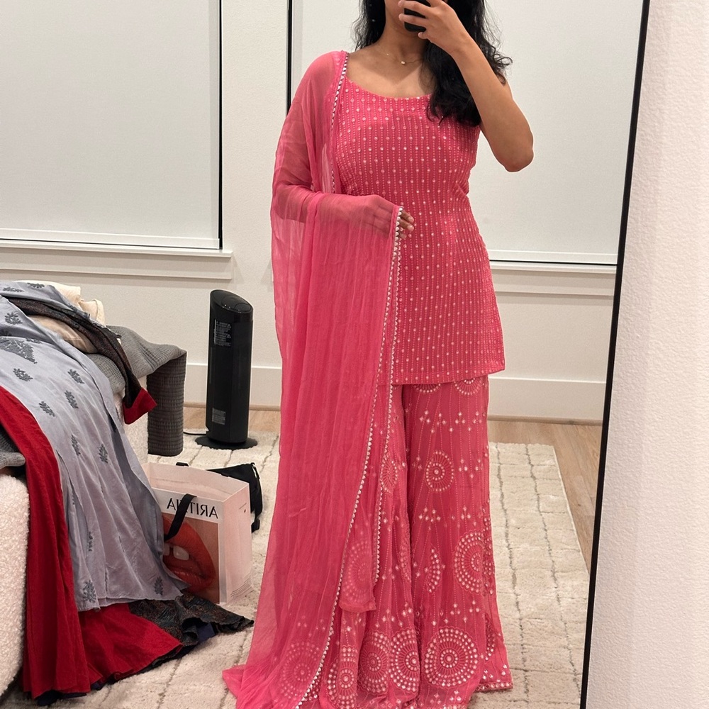 Elegant Pink Embroidered Women's Skirt Set